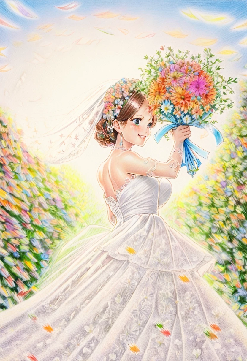 BREAK Perfect Anatomy、(High resolution:1.2)、Incredible illustrations、(Cute illustrations:1.2)、(color pencil drawing:2.5)（Beautiful background）（beautiful ass）Bride throwing bouquet