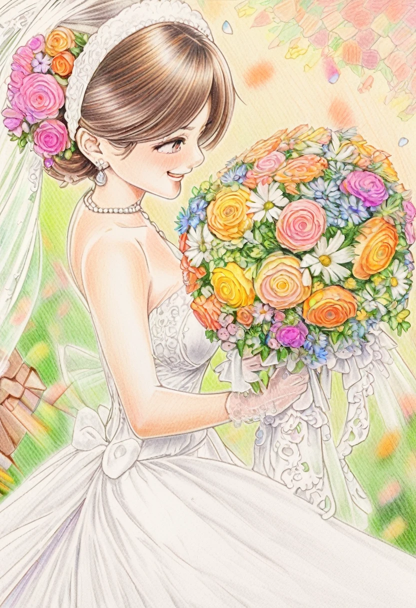 BREAK Perfect Anatomy、(High resolution:1.2)、Incredible illustrations、(Cute illustrations:1.2)、(color pencil drawing:2.5)(Beautiful background)(beautiful ass)Bride throwing bouquet