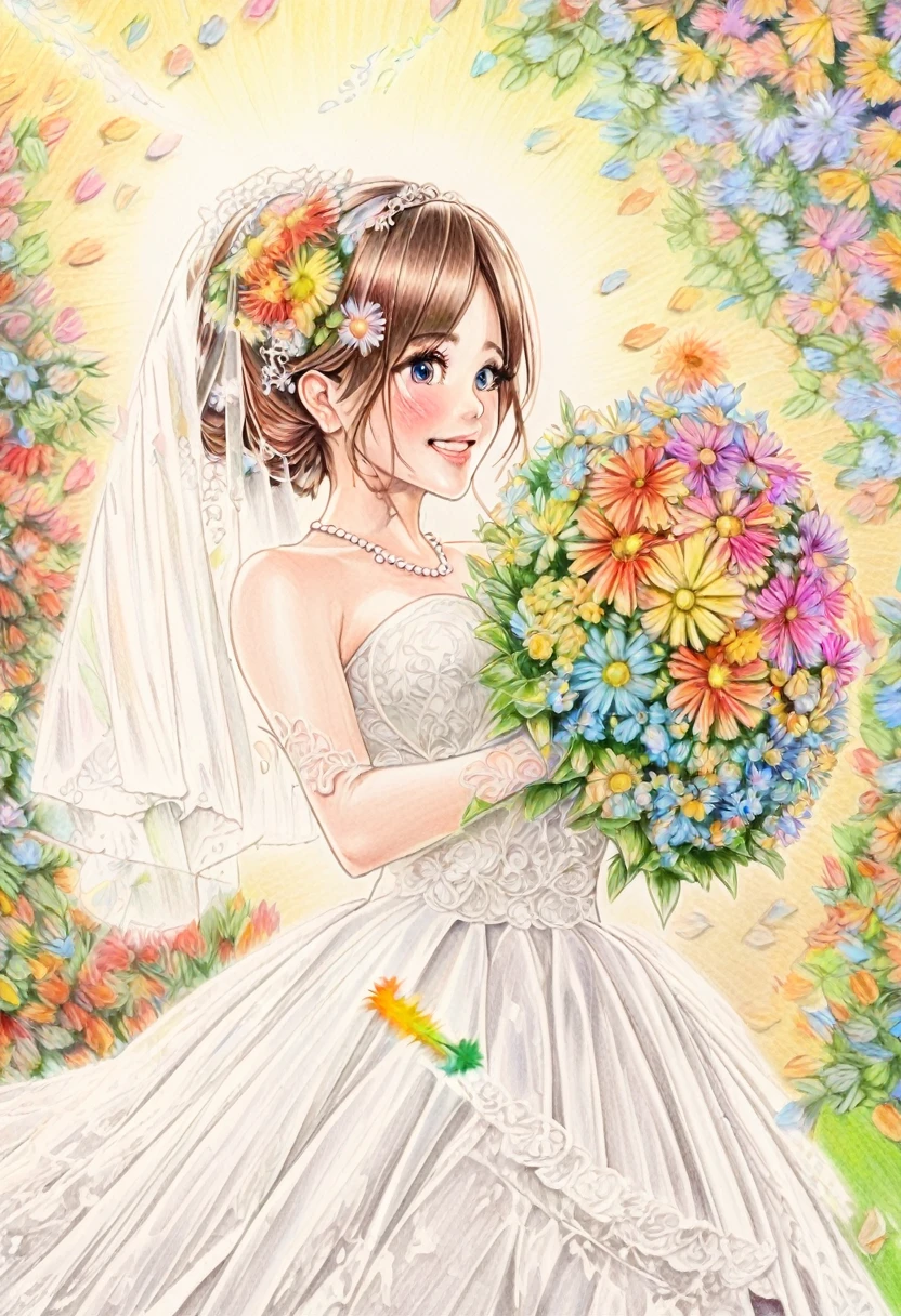 BREAK Perfect Anatomy、(High resolution:1.2)、Incredible illustrations、(Cute illustrations:1.2)、(color pencil drawing:2.5)（Beautiful background）（beautiful ass）Bride throwing bouquet