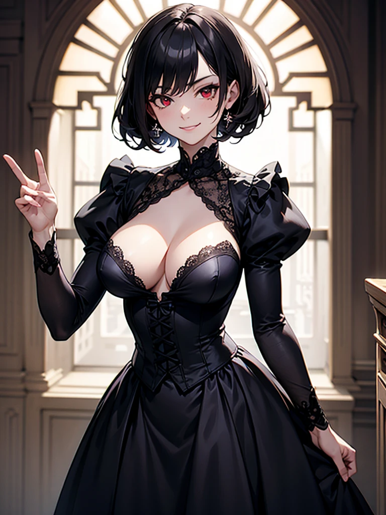 black hair, (solo), (victorian dress), (smirk), red eyes, pale skin, (pale), dark aura, fiendish aura, indoors, large breasts