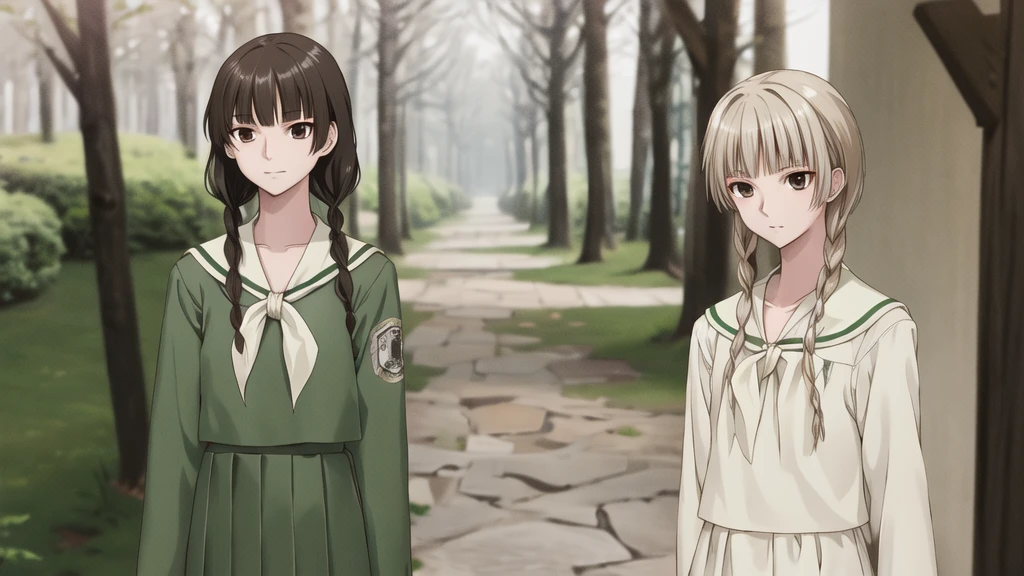 , masterpiece, Highest quality, High resolution, aayoshino, Slender figure, Sickly, skin color is fair, , White Rose, Long Hair, Twin Blade, Brown eyes, Hair that falls over the shoulders, , Sailor collar, neckerchief, Green Shirt, One piece sailor shirt, Long sleeve, Green Skirt, Long skirt, Are standing, Cowboy Shot, Outdoor, White Rose庭園, Person on the right, Shining Face