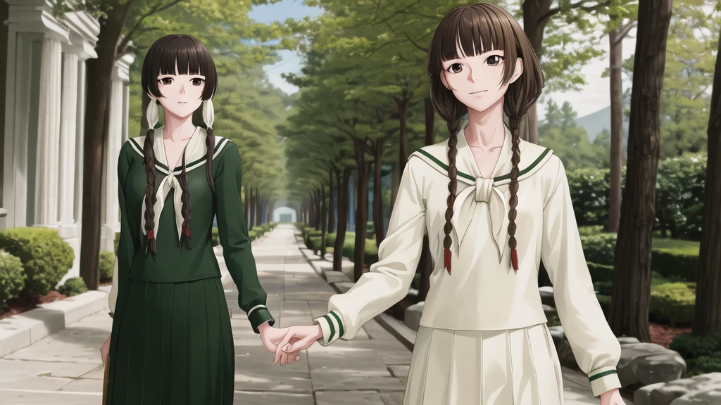 , masterpiece, Highest quality, High resolution, aayoshino, Slender figure, Sickly, skin color is fair, , White Rose, Long Hair, Twin Blade, Brown eyes, Hair that falls over the shoulders, , Sailor collar, neckerchief, Green Shirt, One piece sailor shirt, Long sleeve, Green Skirt, Long skirt, Are standing, Cowboy Shot, Outdoor, White Rose庭園, Person on the right, Shining Face