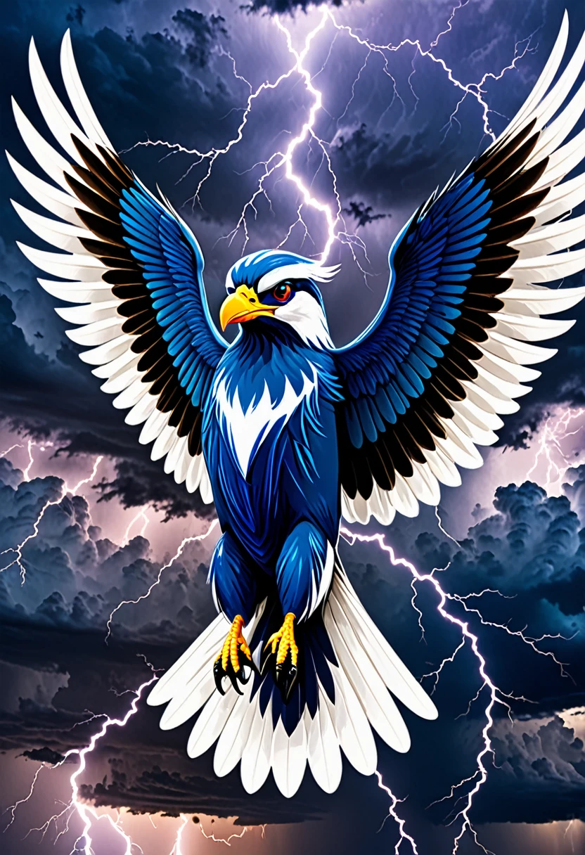 A legendary creature known as Thunderbird. It is a massive bird with wings that crackle with electricity, generating lightning as it soars through the sky. The bird has majestic plumage with hues of dark blue and black, and its eyes glow with an intense, electric light. The background features a stormy sky with dark clouds and flashes of lightning, emphasizing the bird's powerful and awe-inspiring presence.