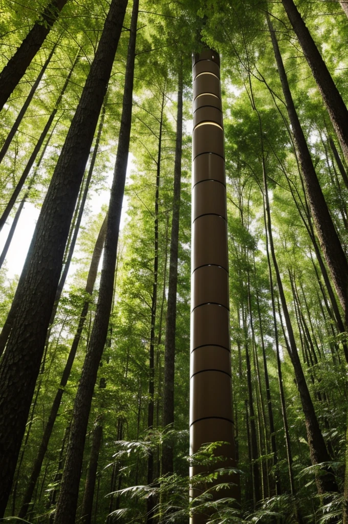 Create a skin-colored vertical tube that is in the middle of a very lush forest.