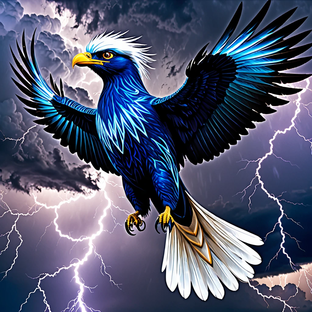 A legendary creature known as Thunderbird. It is a massive bird with wings that crackle with electricity, generating lightning as it soars through the sky. The bird has majestic plumage with hues of dark blue and black, and its eyes glow with an intense, electric light. The background features a stormy sky with dark clouds and flashes of lightning, emphasizing the bird's powerful and awe-inspiring presence.