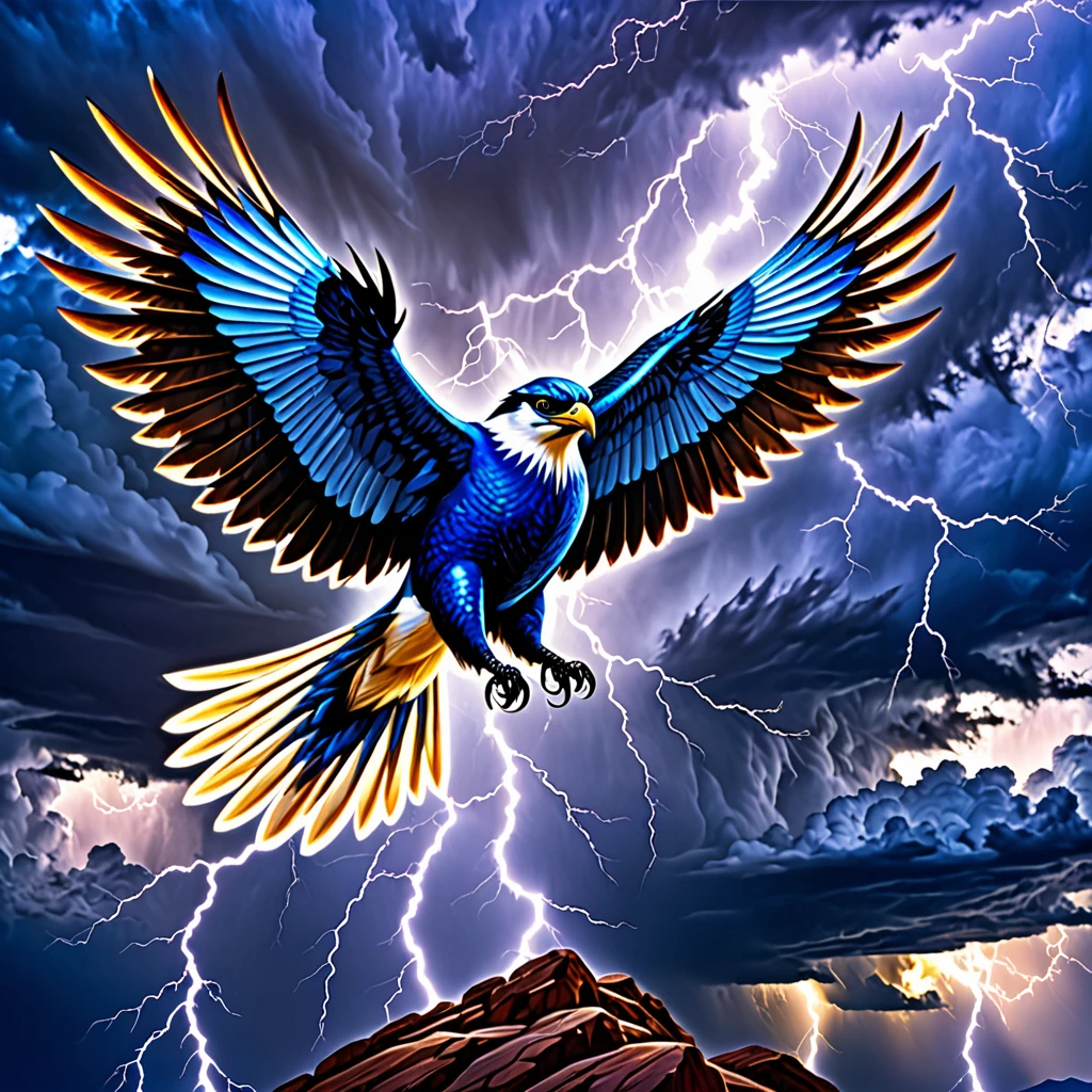 A legendary creature known as Thunderbird. It is a massive bird with wings that crackle with electricity, generating lightning as it soars through the sky. The bird has majestic plumage with hues of dark blue and black, and its eyes glow with an intense, electric light. The background features a stormy sky with dark clouds and flashes of lightning, emphasizing the bird's powerful and awe-inspiring presence.