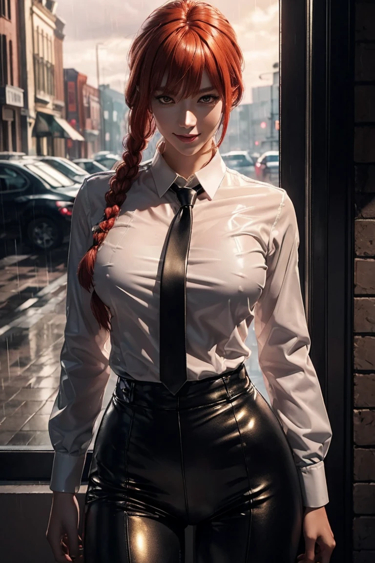 Chainsaw Man,Makima,With bangs,Red Hair,Braids at the back,Golden Eyes,White long sleeve shirt,Black tie,Black Leather Pants,Ultra HD,super high quality,masterpiece,Digital SLR,Photorealistic,Detailed details,Vivid details,Depicted in detail,A detailed face,Detailed details,Super Detail,Realistic skin texture,Anatomical basis,Perfect Anatomy,Anatomically correct hand,Anatomically correct fingers,Complex 3D rendering,Sexy pose,Rainy Sky,Beautiful scenery,Fantastic rainy sky,Picturesque,Pink Lips,smile,