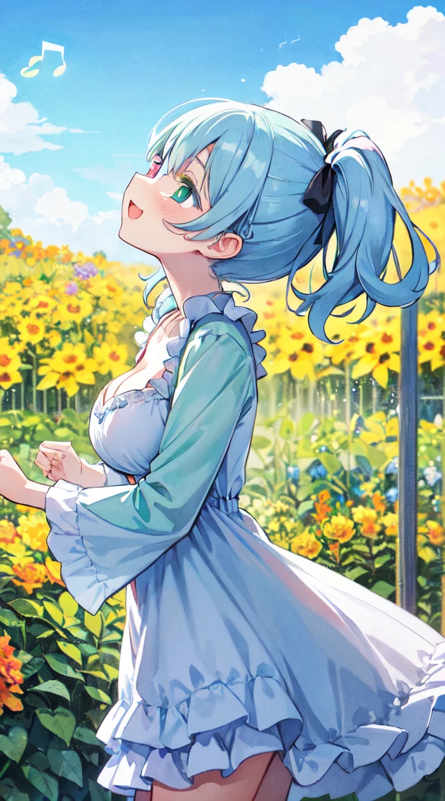 (super fine illustration:1.2),(masterpiece, 8k), (best quality, high quality:1.4), perfect anatomy, hyper detailed, ultra detailed,masterpiece background,beautiful detailed background, v8k wallpaper,perfect design,award-winning art,atmospheric,
BREAK Beauty 1 Girl,Solo,(Cute:1.5),(Chibi:0.6),(kawaii:1.5),(:0.5),BREAK,(17 yl),Very detailed,colourfull,highest details,Clear skin,Beautiful skin,Shy,Very detailed,colourfull,highest details,BREAK,Clear skin,Beautiful skin,Shy skin,1 beautiful girl,(Heterochromia,blue eyes,green eyes:1.75),star eye silhouette,BREAK (pale blue hair, Medium length:1.4),(side ponytail,A little curly hair,Princess Cut, crossed bangs:1.3),(cleavage of the breast,Big breasts,Beautiful breasts,Large breasts:1.5),(long eyelashes, Double eyelids:1.2),Solo,gleaming skin, Clear skin, Beautiful skin,(best quality face),(Top quality glowing eyes), (The best smile,:D:1.45),
BREAK, (music motif inspired:1.2), white lace, (closed collar long-sleeved blouse:1.2) with frilled and ribbon, a volumey pannier under a (musical note-pattern long dress:1.6) with (lots of layered frills:1.2) and ribbons, (lace ruffle socks:1.2), music-themed accessories, hat, platform shoes,BREAK, (flower garden:1.8), (magic circle:1.3), (fantasy:1.5), (long shot:1.5), Midday, (light rays:1.2), lights, blue sky, wind, fluttering petals, illusion effect, magic effect,
BREAK,wakame,wakame,wakame,(looking up,from front:1.5)
BREAK wakame,wakame,wakame,(cowboy shot,from side:1.4), BREAK manga illustration.media,manga style,(water color:1.15),