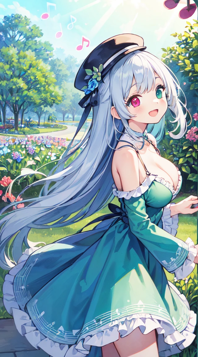 (super fine illustration:1.2),(masterpiece, 8k), (best quality, high quality:1.4), perfect anatomy, hyper detailed, ultra detailed,masterpiece background,beautiful detailed background, v8k wallpaper,perfect design,award-winning art,atmospheric,
BREAK Beauty 1 Girl,Solo,(Cute:1.5),(Chibi:0.6),(kawaii:1.5),(:0.5),BREAK,(17 yl),Very detailed,colourfull,highest details,Clear skin,Beautiful skin,Shy,Very detailed,colourfull,highest details,BREAK,Clear skin,Beautiful skin,Shy skin,1 beautiful girl,(Heterochromia,blue eyes,green eyes:1.75),star eye silhouette,BREAK (pale blue hair, Medium length:1.4),(side ponytail,A little curly hair,Princess Cut, crossed bangs:1.3),(cleavage of the breast,Big breasts,Beautiful breasts,Large breasts:1.5),(long eyelashes, Double eyelids:1.2),Solo,gleaming skin, Clear skin, Beautiful skin,(best quality face),(Top quality glowing eyes), (The best smile,:D:1.45),
BREAK, (music motif inspired:1.2), white lace, (closed collar long-sleeved blouse:1.2) with frilled and ribbon, a volumey pannier under a (musical note-pattern long dress:1.6) with (lots of layered frills:1.2) and ribbons, (lace ruffle socks:1.2), music-themed accessories, hat, platform shoes,BREAK, (flower garden:1.8), (magic circle:1.3), (fantasy:1.5), (long shot:1.5), Midday, (light rays:1.2), lights, blue sky, wind, fluttering petals, illusion effect, magic effect,
BREAK,wakame,wakame,wakame,(looking up,from front:1.5)
BREAK wakame,wakame,wakame,(cowboy shot,from side:1.4), BREAK manga illustration.media,manga style,(water color:1.15),