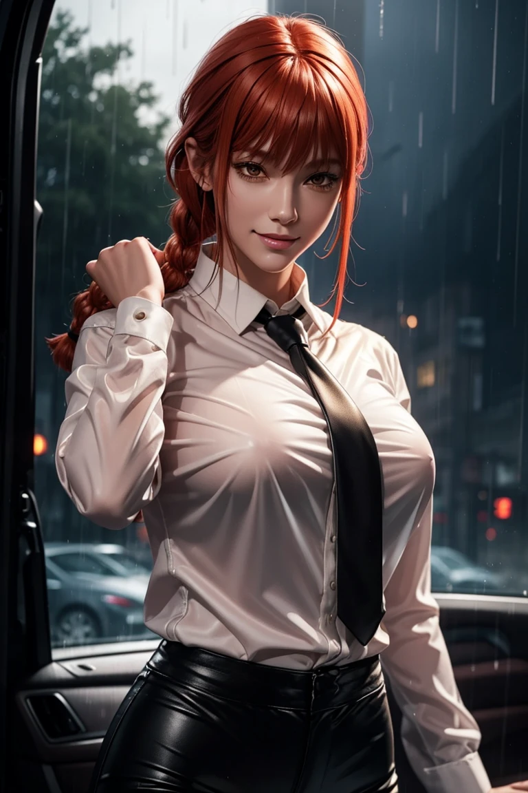 Chainsaw Man,Makima,With bangs,Red Hair,Braids at the back,Golden Eyes,White long sleeve shirt,Black tie,Black Leather Pants,Ultra HD,super high quality,masterpiece,Digital SLR,Photorealistic,Detailed details,Vivid details,Depicted in detail,A detailed face,Detailed details,Super Detail,Realistic skin texture,Anatomical basis,Perfect Anatomy,Anatomically correct hand,Anatomically correct fingers,Complex 3D rendering,Sexy pose,Rainy Sky,Beautiful scenery,Fantastic rainy sky,Picturesque,Pink Lips,smile,