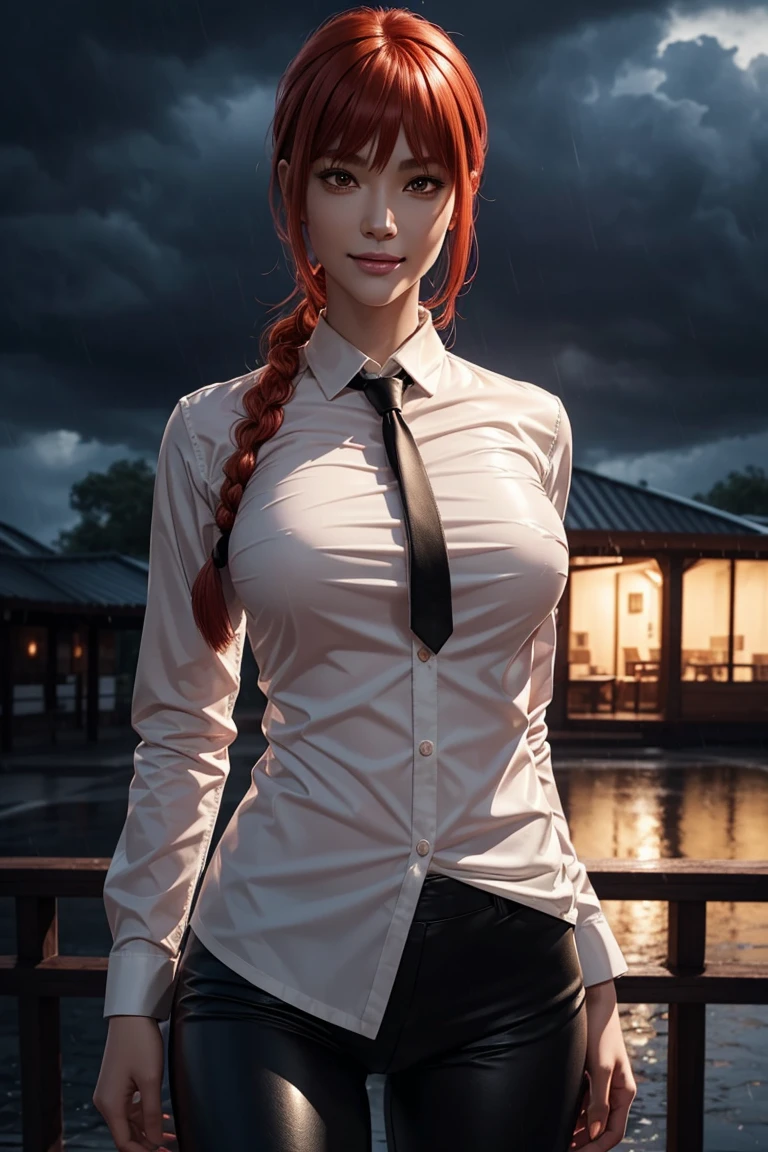 Chainsaw Man,Makima,With bangs,Red Hair,Braids at the back,Golden Eyes,White long sleeve shirt,Black tie,Black Leather Pants,Ultra HD,super high quality,masterpiece,Digital SLR,Photorealistic,Detailed details,Vivid details,Depicted in detail,A detailed face,Detailed details,Super Detail,Realistic skin texture,Anatomical basis,Perfect Anatomy,Anatomically correct hand,Anatomically correct fingers,Complex 3D rendering,Sexy pose,Rainy Sky,Beautiful scenery,Fantastic rainy sky,Picturesque,Pink Lips,smile,
