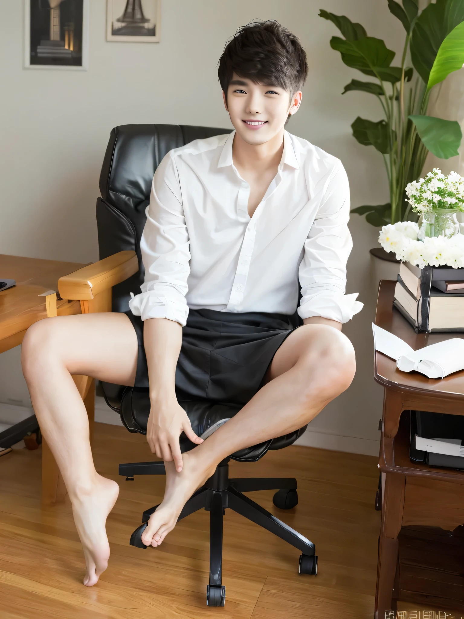 24 year old handsome guy、Beautiful Boy、Sit on a chair、Place both feet on the desk、barefoot、White shirt、Black Skirt、Manicure、Pedicure、smile、Foot fetish、whole body、1 person、Highest quality、High resolution