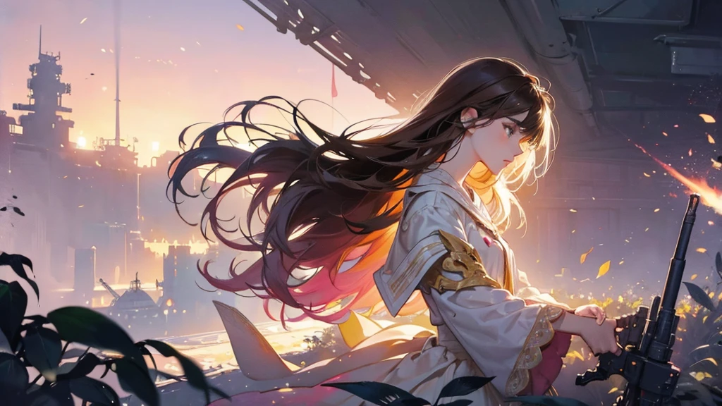 32k, Masterpiece, Highest quality, One girl, Brown Hair, Detailed eyes, flower,Freesia, Pink and navy style,A dreamy, romantic piece,Pale yellow, Mysterious Leaves,A playful arrangement,Fantasy,High Contrast,Ink strokes,explosion,Exposure, Impression of pink and navy tones,Abstract,((Watercolours by John Berkey and Jeremy Mann )) Brush strokes,Negative Space, Tyndall effect,
