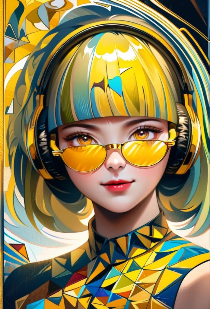 (((yellow glasses:1.3))), headphone, short hair, blunt bangs,Please turn the provided image into a painting keeping the same agape face features and realistic likeness and with the following characteristics: Art Style: Flowing Picasso style. Colors: Vibrant and dynamic, using bold and contrasting colors like the photo Details: Emphasize abstract shapes and flowing lines to capture the essence of her features. Mood: Artistic and expressive, with a surreal and imaginative touch. Background: Complementary to the Picasso style, potentially with abstract elements or patterns. Note: The final image should creatively reinterpret her likeness in a way that feels both unique and artistic, reminiscent of Picasso's distinctive and abstract painting style. Mohawk and steampunk clothing by worlds best photographer, punk rock, extremely realistic, muted colours, soft lighting, 8k, hi-res, (Best quality , Masterpiece:1.2) , 8K wallpaper , hugefilesize , A high resolution, absurderes , high resolution ,Extremely detailed ,
BREAK 
1girl, Smile , Blush , multicolour hair , active pose , Dynamic Angle, vivd colour