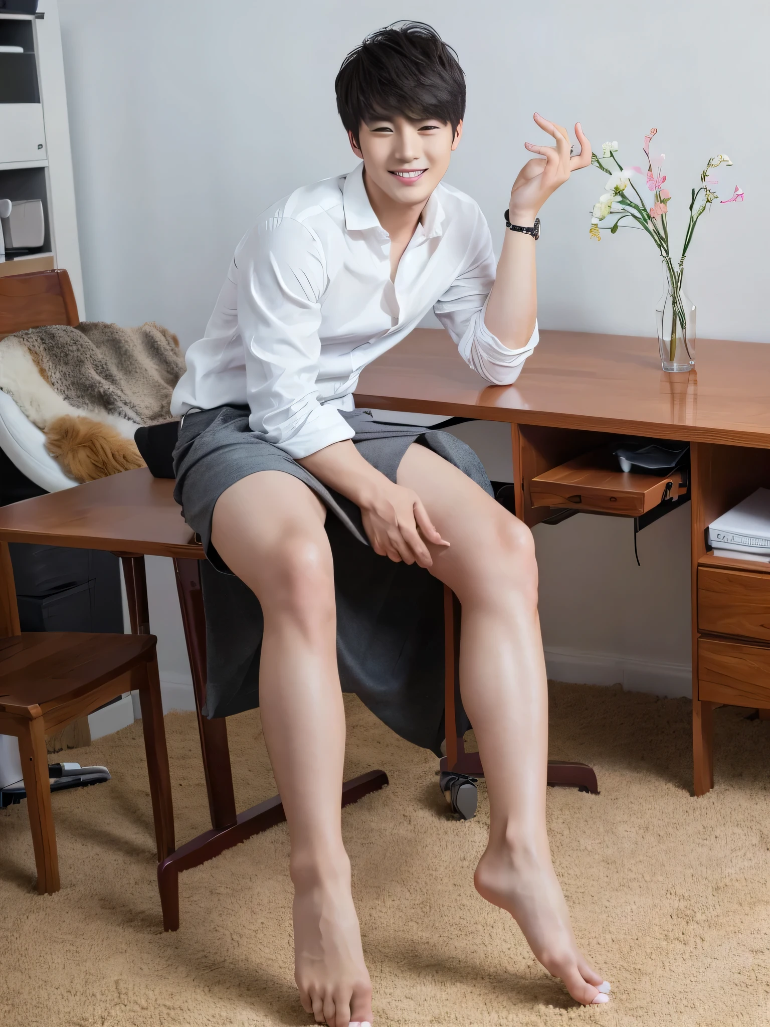 24 year old handsome guy、Beautiful Boy、Place both feet on the desk、barefoot、White shirt、Black Skirt、Manicure、Pedicure、smile、Foot fetish、whole body、1 person、Highest quality、High resolution、Look away、Black high heels