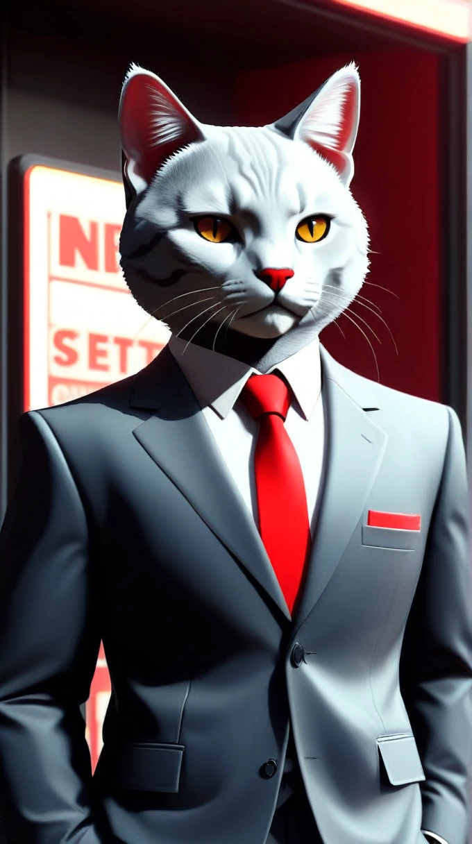 NESStylecat in a suit on the GTA 5 loading screen, arte conceitual de Anthony McBain, trends on artstation, artestationhd, ArtHQ Station, Non-NES Inspired, gray plastic, red plastic, 24mm, (analog, cinematic, Film grain:1.3), bokeh dof, (work of art:1.3) (best qualityer:1.2) (high qualiy:1.1)