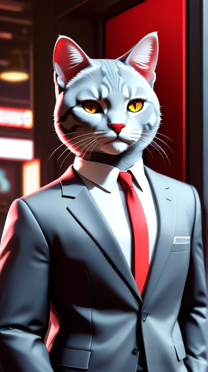 NESStylecat in a suit on the GTA 5 loading screen, arte conceitual de Anthony McBain, trends on artstation, artestationhd, ArtHQ Station, Non-NES Inspired, gray plastic, red plastic, 24mm, (analog, cinematic, Film grain:1.3), bokeh dof, (work of art:1.3) (best qualityer:1.2) (high qualiy:1.1)