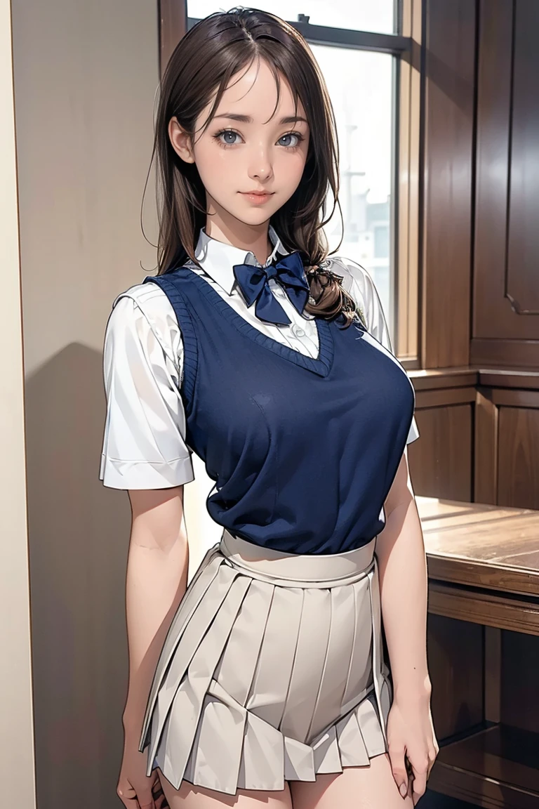 (masterpiece:1.2, Highest quality), (Realistic, photoRealistic:1.4), Beautiful illustrations, (Natural Side Lighting, Cinema Lighting), Written boundary depth, 見る者を見つめるBeautiful thighs, (Face Focus, Upper Body), Front view, 1 Girl, English, high school girl, 15 years old, Perfect Face, Cute symmetrical face, Shiny skin, Random Uniform、
(Random Hairstyles、blonde), Big eyes, long eyelashes chest), thin, expensive、
Beautiful Hair, Beautiful Face, Beautiful and beautiful eyes, Beautiful clavicle, Beautiful body, Beautiful breasts, Beautiful thighs, Beautiful legs, Beautiful fingers,
((High-quality fabric, brown knit vest, Short sleeve white collar shirt, Navy Pleated Skirt, Navy bow tie)),
(Beautiful views), evening, (Inside the flower shop), Are standing, (smile, Superior, Open your mouth), (((Skirt flip, I can see your pants)))