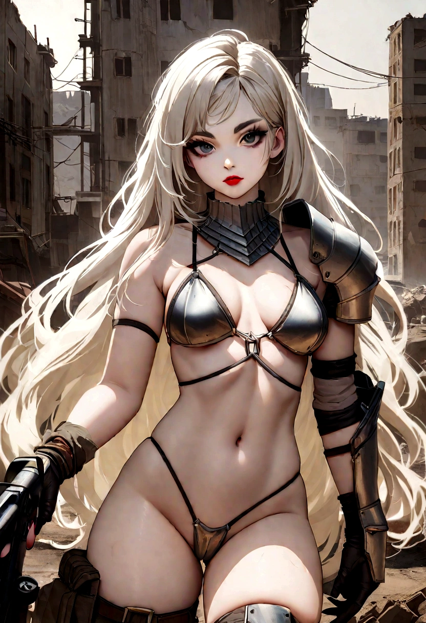 Create an image of a stunningly beautifully gorgeous perfect young sexy post apocalyptic girl, Stunningly perfect face, perfect makeup, long luscious eyelashes,black eyeliner, black eye shadow, thick platinum blonde eyebrows, lipstick, long luscious platinum blonde dutch hair, bangs, metal bikini armor, holding gauss rifle, post apocalyptic background,