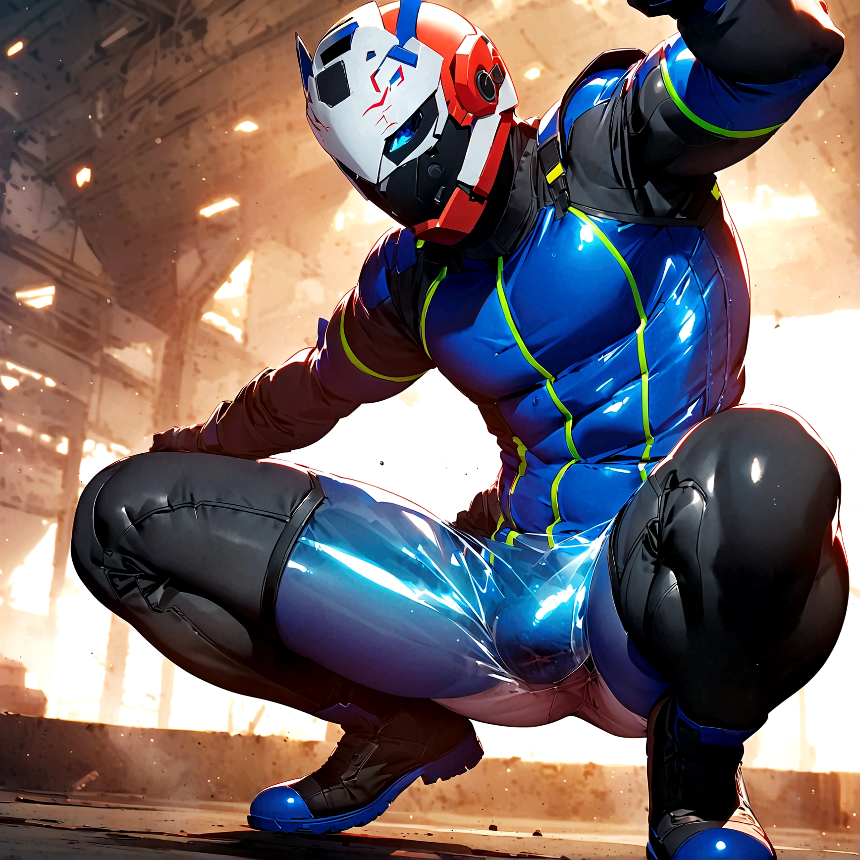 score_9, score_8_up, score_7_up, score_6_up, rating explicit, focus male, source anime, Mechanic Hero、superhero、Hero Suit、stylish、action、hot man, mask, transparent fabric, butt, Crouching, spread legs,