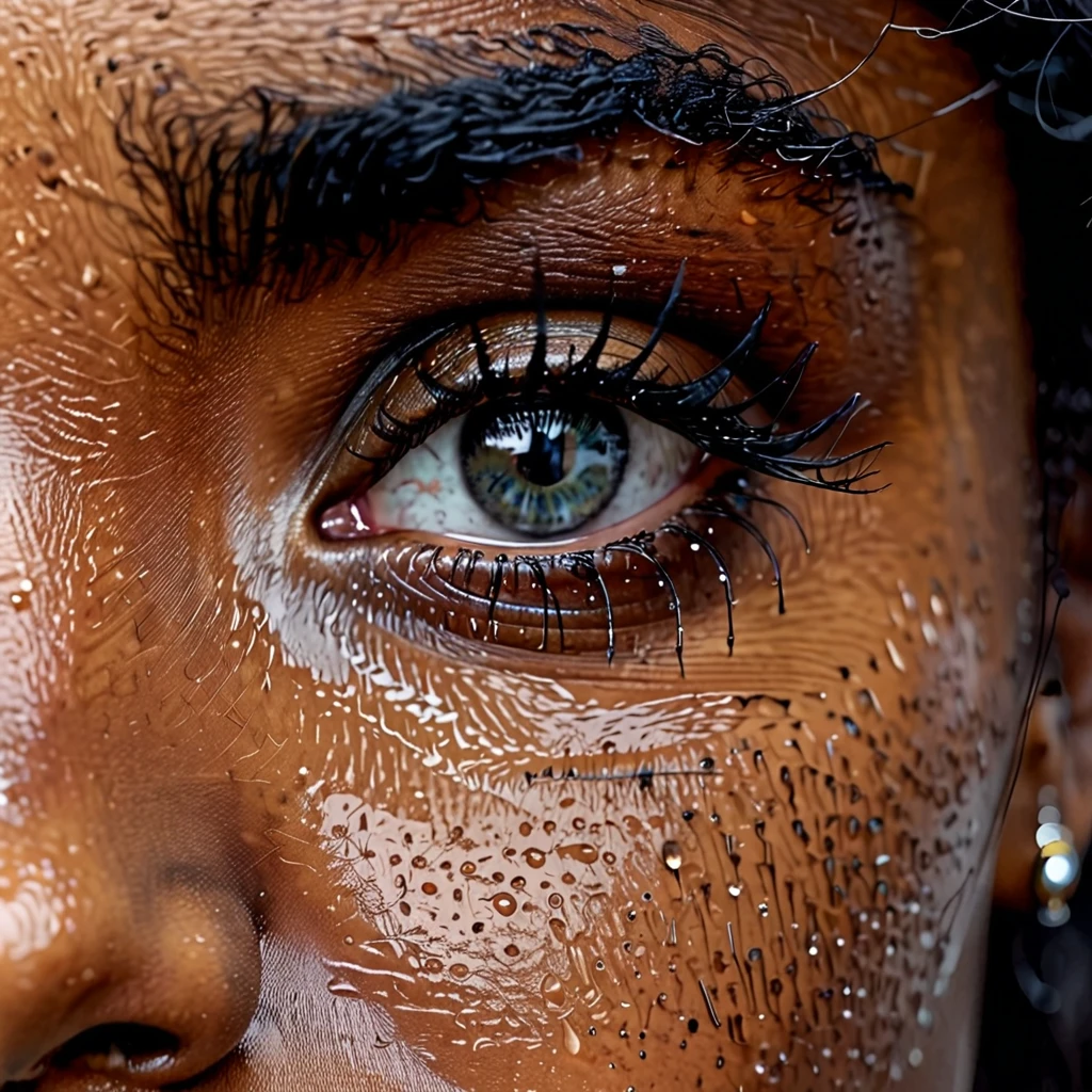 very zoomed in and close up on a beautiful depressed emotional girls eye and cheek, sad crying black girl with crying a single teardrop trail running down her face