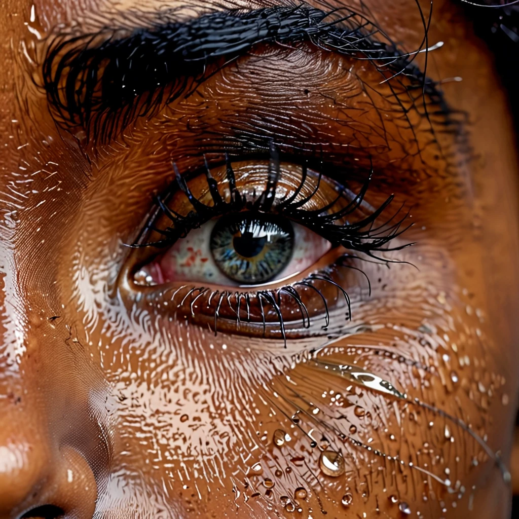 very zoomed in and close up on a beautiful depressed emotional girls eye and cheek, sad crying black girl with crying a single teardrop trail running down her face