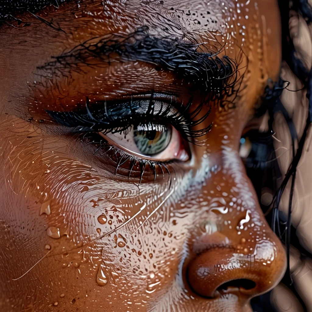very zoomed in and close up on a beautiful depressed emotional girls eye and cheek, sad crying black girl with crying a single teardrop trail running down her face