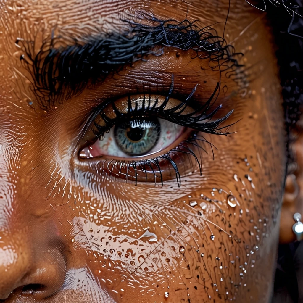 very zoomed in and close up on a beautiful depressed emotional girls eye and cheek, sad crying black girl with crying a single teardrop trail running down her face