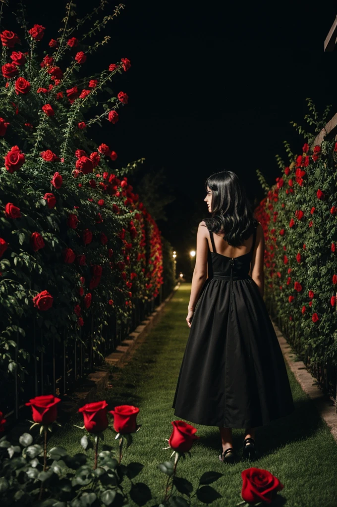 girl dressed in black, back, in a garden of red roses, in one night