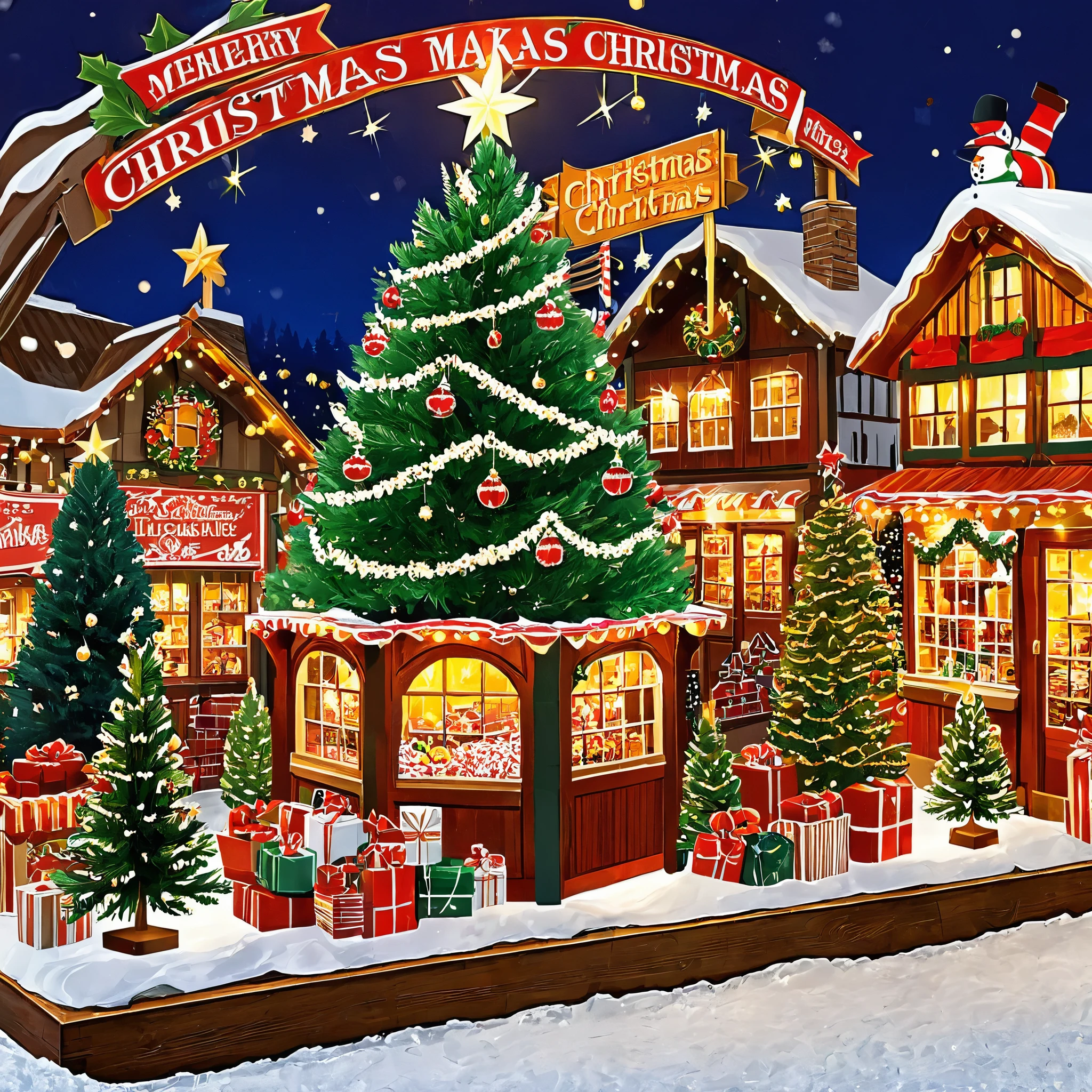 Design a festive Christmas market with wooden stalls selling ornaments and treats. Include a giant, sparkling Christmas tree as the centerpiece.