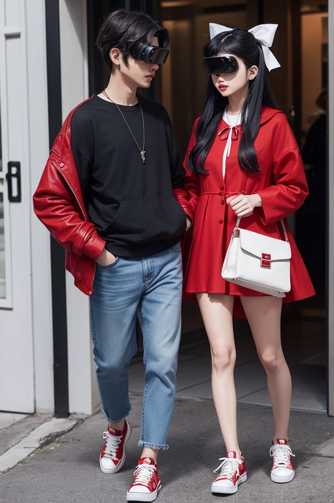 A virtual reality character,in love with a red dress,jeans jacket,black and white sneakers , a red ribbon,Bblack hair