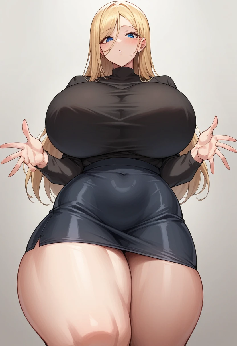 milf, Workwear, 30 year old adult,appreciation would be, blue eyes, long blonde hair, giant tits ,huge thighs,giant breasts,black long sleeve shirt, stretched buttons about to break, Precion in a black shirt with giant huge tits, tight short black skirt, excessively huge tits