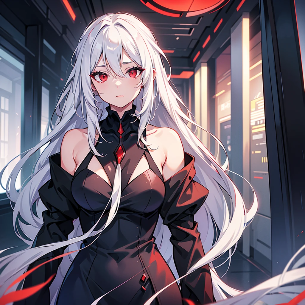 sensual female character with long white hair. Red eyes. mature face. black dress with low neckline. it must be in a futuristic setting