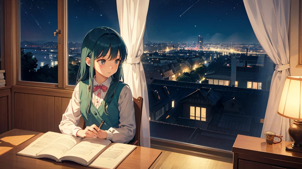 Ghibli style, A girl studying alone at a desk,Beauty, Night view from the room, A dreamy look outside the window, Cute girl in anime style, Relax in your room, A room filled with warm light