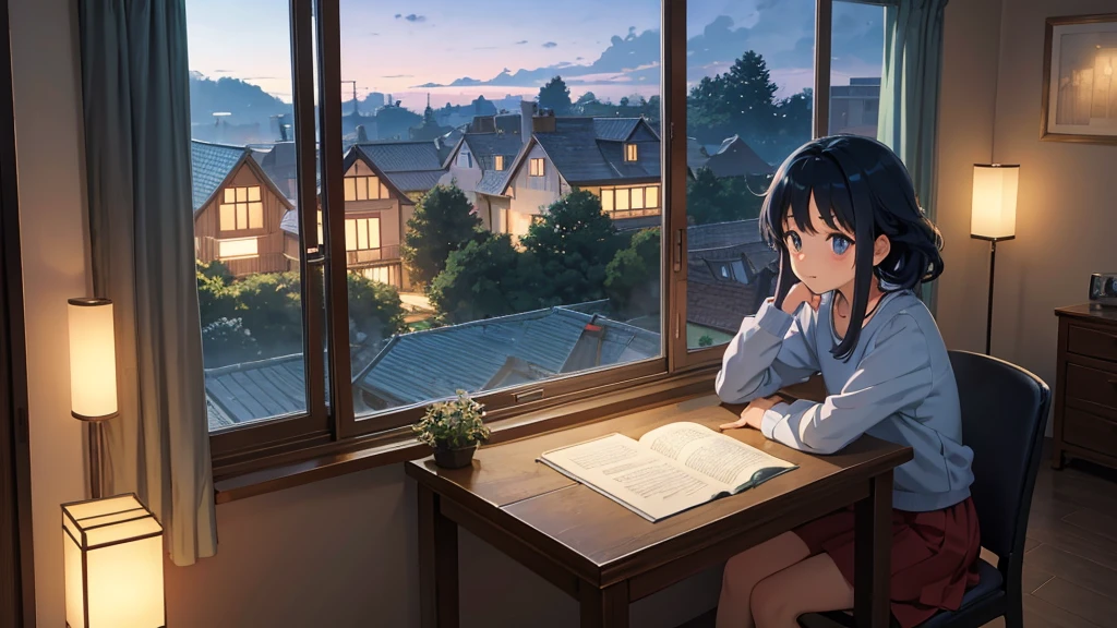 Ghibli style, A girl studying alone at a desk,Beauty, Night view from the room, A dreamy look outside the window, Cute girl in anime style, Relax in your room, A room filled with warm light