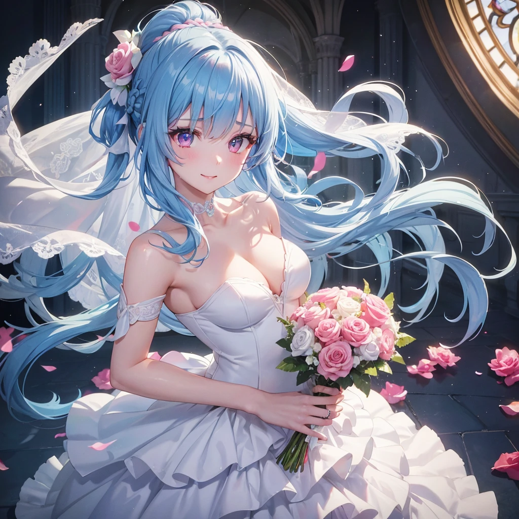 Sky blue hair, (Braided Ponytail),(Pink Eyes),Fair skin ,(whole body),(One girl),bride,A big smile,Straight bangs, 6月のbride,Wedding dress,(masterpiece, Highest quality, Very detailed, Best Shadow), (Detailed Background), (Beautifully detailed face), High Contrast, (Best lighting, Very delicate and beautiful), ((Cinematic Light)), colorful, Hyper Detail, Dramatic Light, Intricate details,Chapel background,Bouquet of roses,Ring on left ring finger,