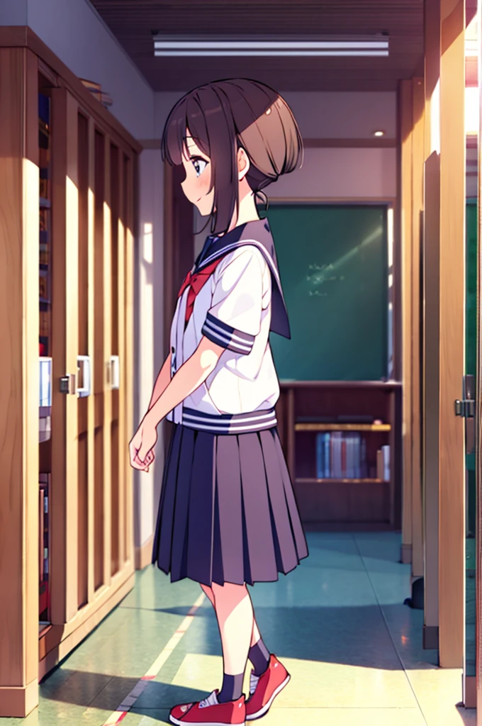 Masterpiece, Best Quality, ultra detailed,(change),it&#39;s anime, ,anime moe art style,cartoon style illustration, (pretty eyes), ((beautiful)), beautiful, (beautiful),, , shiny skin, ,ultra high resolution, 
1 girl,whole body,,SMILE,school jacket,A girl putting on shoes in a shoe rack,school entrance hall,short sleeves,mini skirt,interior,profile,