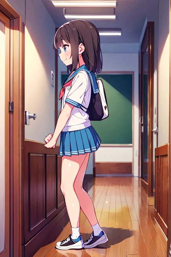 Masterpiece, Best Quality, ultra detailed,(change),it&#39;s anime, ,anime moe art style,cartoon style illustration, (pretty eyes), ((beautiful)), beautiful, (beautiful),, , shiny skin, ,ultra high resolution, 
1 girl,whole body,,SMILE,school jacket,A girl putting on shoes in a shoe rack,school entrance hall,short sleeves,mini skirt,interior,profile,