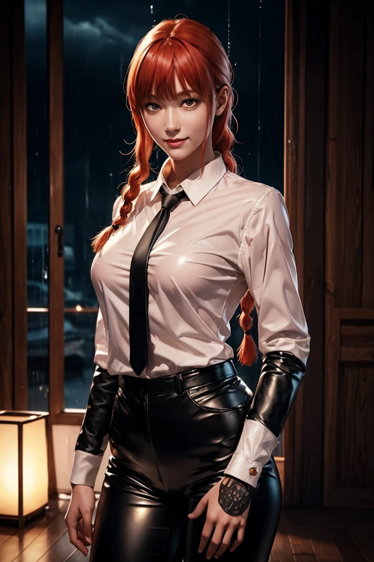 Chainsaw Man,Makima,With bangs,Red Hair,Braids at the back,Golden Eyes,White long sleeve shirt,Black tie,Black Leather Pants,Ultra HD,super high quality,masterpiece,Digital SLR,Photorealistic,Detailed details,Vivid details,Depicted in detail,A detailed face,Detailed details,Super Detail,Realistic skin texture,Anatomical basis,Perfect Anatomy,Anatomically correct hand,Anatomically correct fingers,Complex 3D rendering,Sexy pose,Rainy Sky,Beautiful scenery,Fantastic rainy sky,Picturesque,Pink Lips,smile,