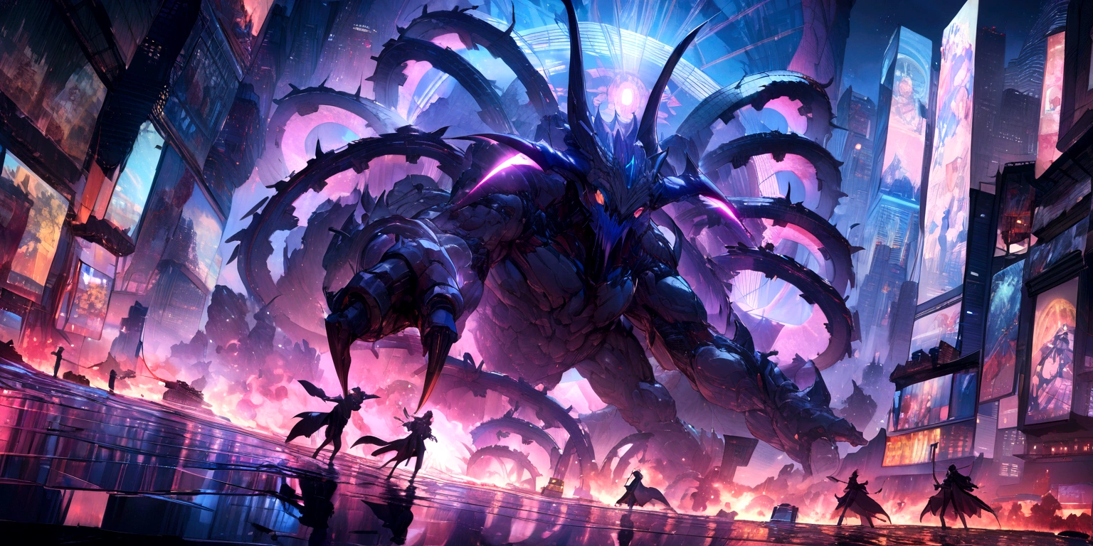 masked huge monsters, destroyed cities, iridescent cosmic rays, (ultra detailed, absolutely resolution, best quality:1.3), 2.5D, delicate and dynamic, fantastic lighting effects, foggy effects