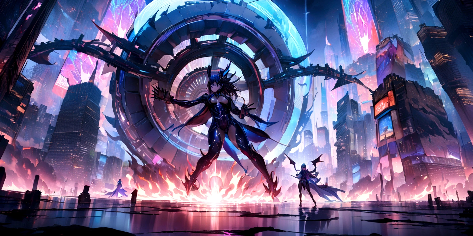 ((masterpiece, Highest quality, Best image quality, High resolution、４ｋ)) Giant Wheel Demon、Burning Wheels、One Wheel Demon、Glowing blue eyes and advanced cybernetic enhancements. Seen in dynamic action poses, reflection on a smooth surface. The cityscape below is filled with towering skyscrapers., illuminated by colorful holographic advertisements, Shining with blue energy, Mighty power. The overall atmosphere is dark and mysterious., It had a futuristic techno vibe.. The lighting is dramatic, Intense highlights and deep shadows, Creates depth and tension.