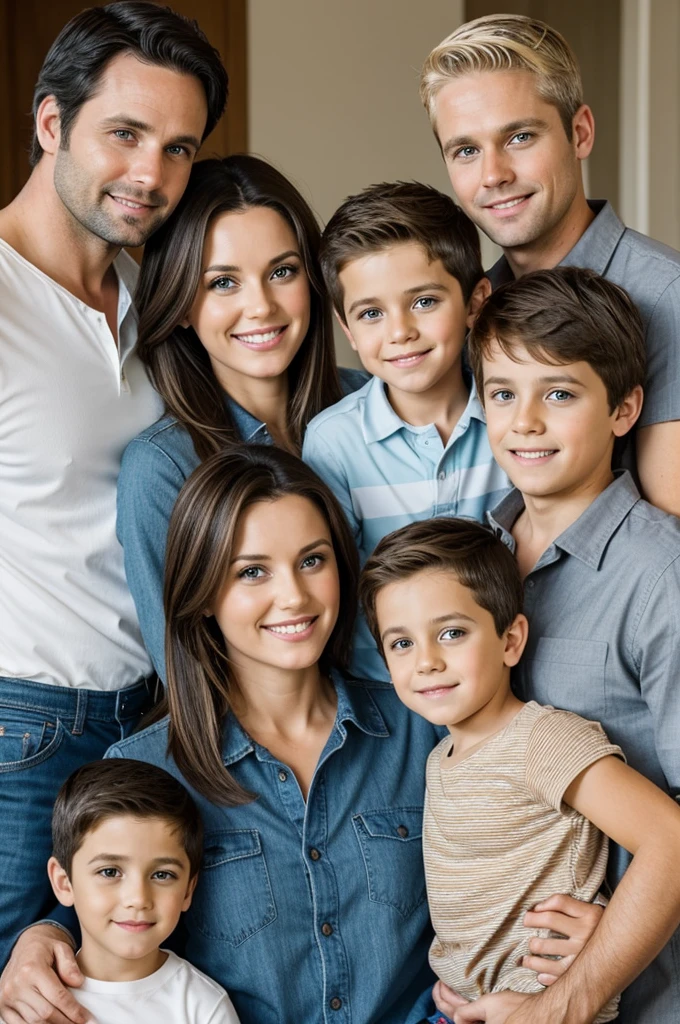Family made up of 4 people with a 34-year-old blonde-haired mother, dad dark hair 37 years old, older son light brown hair and 1 year old baby dark hair
