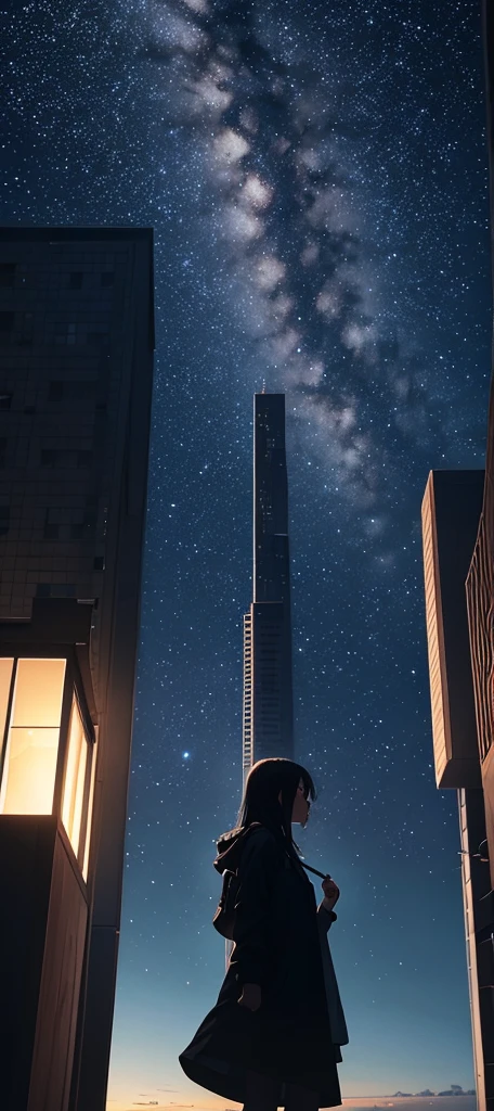 octane, sky, Star (sky), scenery, Starry sky, evening, 1 girl, evening sky, Alone, outdoor, building, cloud, Milky Way, session, tree, wide, City, silhouette, Cityscape