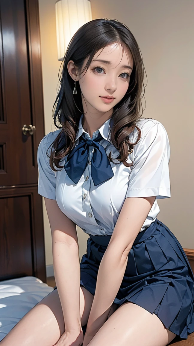 (masterpiece:1.2, Highest quality), (Realistic, photoRealistic:1.4), Beautiful illustrations, (Natural Side Lighting, Cinema Lighting), Written boundary depth, Beautiful thighs staring at the viewer, 1 female，20-year-old，alone，（With background：Hotel Rooms） , Curly Hair, Long Hair, amount, amount, amount, Brown knitted vest, Short sleeve white collar shirt, Navy Pleated Skirt, Navy bow tie, Earrings, Are standing, Bare thighs, Bare knees