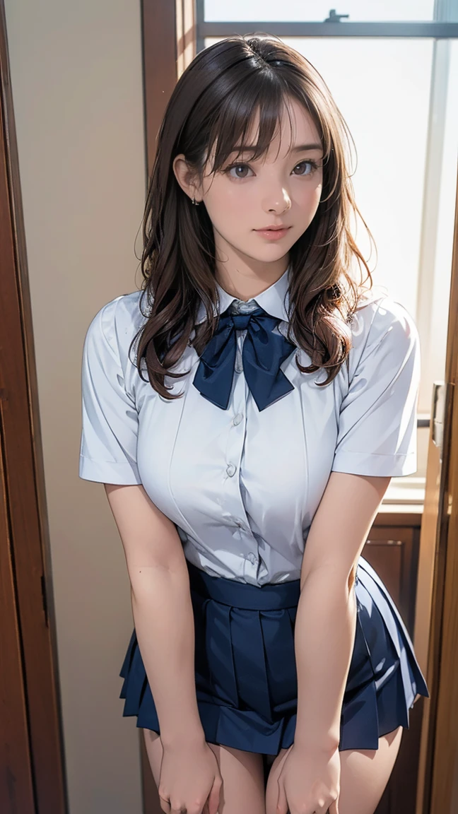 (masterpiece:1.2, Highest quality), (Realistic, photoRealistic:1.4), Beautiful illustrations, (Natural Side Lighting, Cinema Lighting), Written boundary depth, Beautiful thighs staring at the viewer, 1 female,20-year-old,alone,(With background:Hotel Rooms) , Curly Hair, Long Hair, amount, amount, amount, Brown knitted vest, Short sleeve white collar shirt, Navy Pleated Skirt, Navy bow tie, Earrings, Are standing, Bare thighs, Bare knees