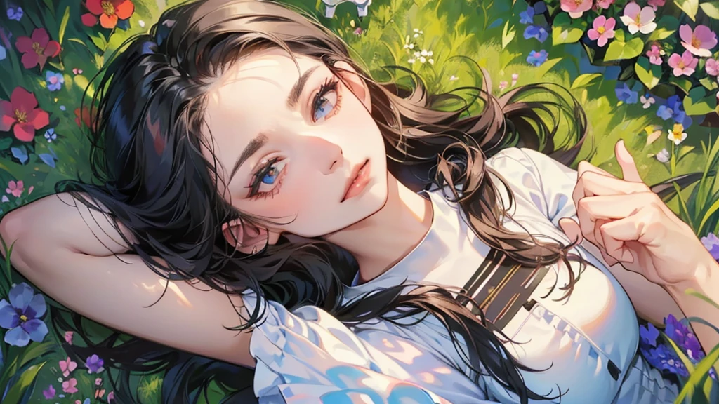 (Face close-up: 1.2), (Upper body portrait: 1.3), ((Woman lying in a flower garden)), Early in the morning, (((Top View, Drone photography))), Sexy pose, Dramatic Light