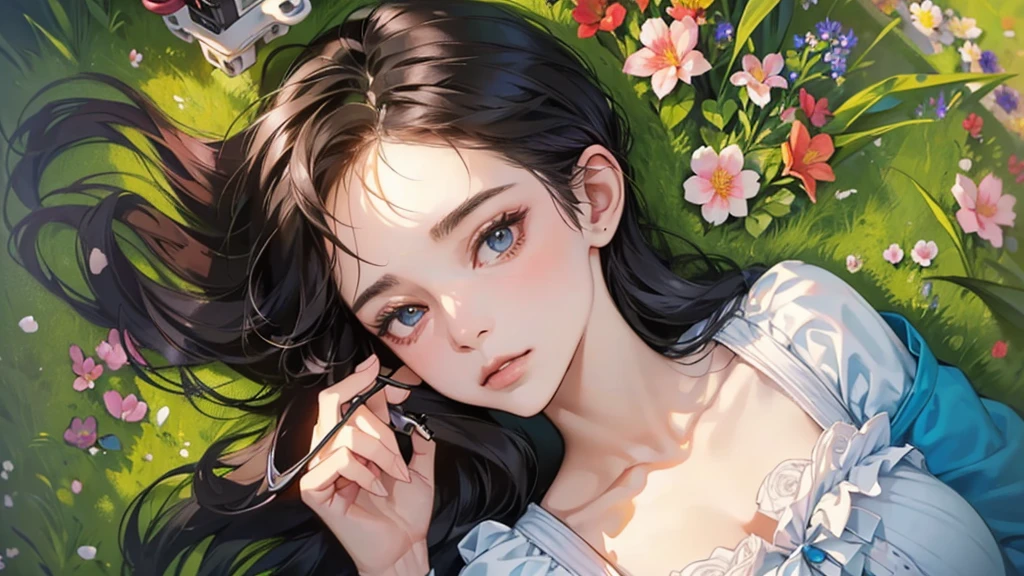 (Face close-up: 1.2), (Upper body portrait: 1.3), ((Woman lying in a flower garden)), Early in the morning, (((Top View, Drone photography))), Sexy pose, Dramatic Light