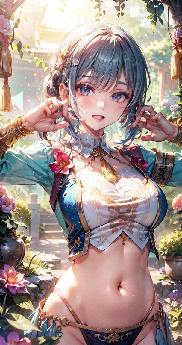 (Masterpiece:1.5), (((High qualityสุด, best quality, High quality))), ((complicated details, very detailed, Crazy details)), height, 32ก, Extremely detailed CG 8K unity wallpaper., (beautiful and beautiful:1.2),, (depth of field:1.3), (Flawless.:1.3), (Delicate depiction of details:1.4),
(((Abundant natural light, Delightful bright colors))), (Ambient volumetric backlight:1.5),  (Illustration of an extremely beautiful young woman:1.3),
(upper body:1.4), (perfect center:1.4), (Natural willow pose:1.5), (((dynamic poses, movie corner))),
(1milf:1.5), (alone:1.4),
beautiful beautiful face, [(detailed face:1.2):0.2], Bright eyes, Pure Rose Face_v1, ulzzang-6500-v1.1,  (gag:1.5), (red lips:1.4), (full lips:1.4), (smile:1.3),
Flawless attractive body, (((The feminine curves are pronounced.))), Skin glows brightly., realistic skin, hair follicles, (((Tightening belly, navel, Groin:1.3))),
(((Golden thread flutters.))), (Fringed tassels:1.3), (Tight long sleeves:1.4), (Single neck), (The invention shines.:1.5), (Elegant and intricate clothing accessories:1.5), (Embroidery work decorated with gems:1.4), (sparkling clothes:1.4), (sparkling particles:1.3), (((The front seam is sagging., Sagging back seam))), (((earring, armband, Hair clips, hair accessories))), (Stand alone in a magical outdoor garden decorated with gems and colorful exotic flowers and shrubs.:1.5), (Outside the great ancient palace:1.5), 