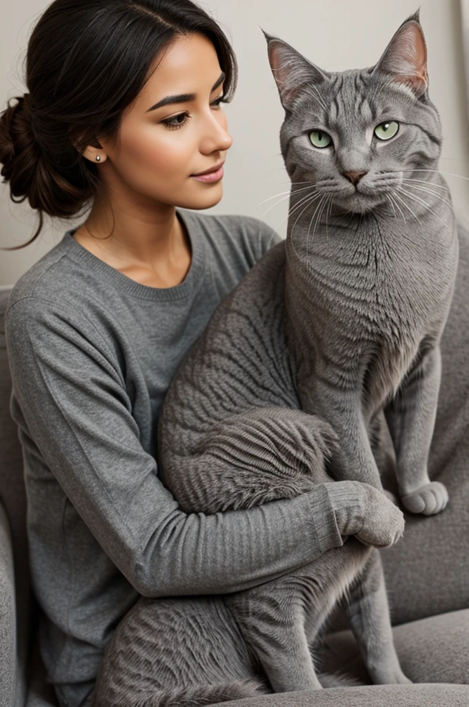 Gray cat. Sitting on a woman&#39;s legs in a garden