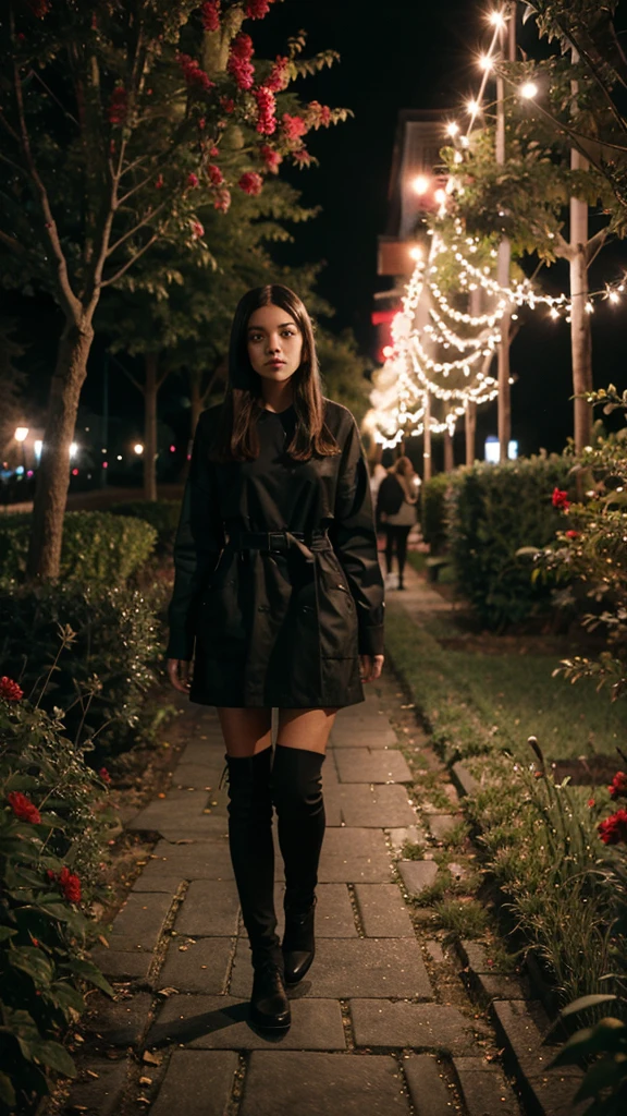 Girl dressed in black walking in a red garden at night